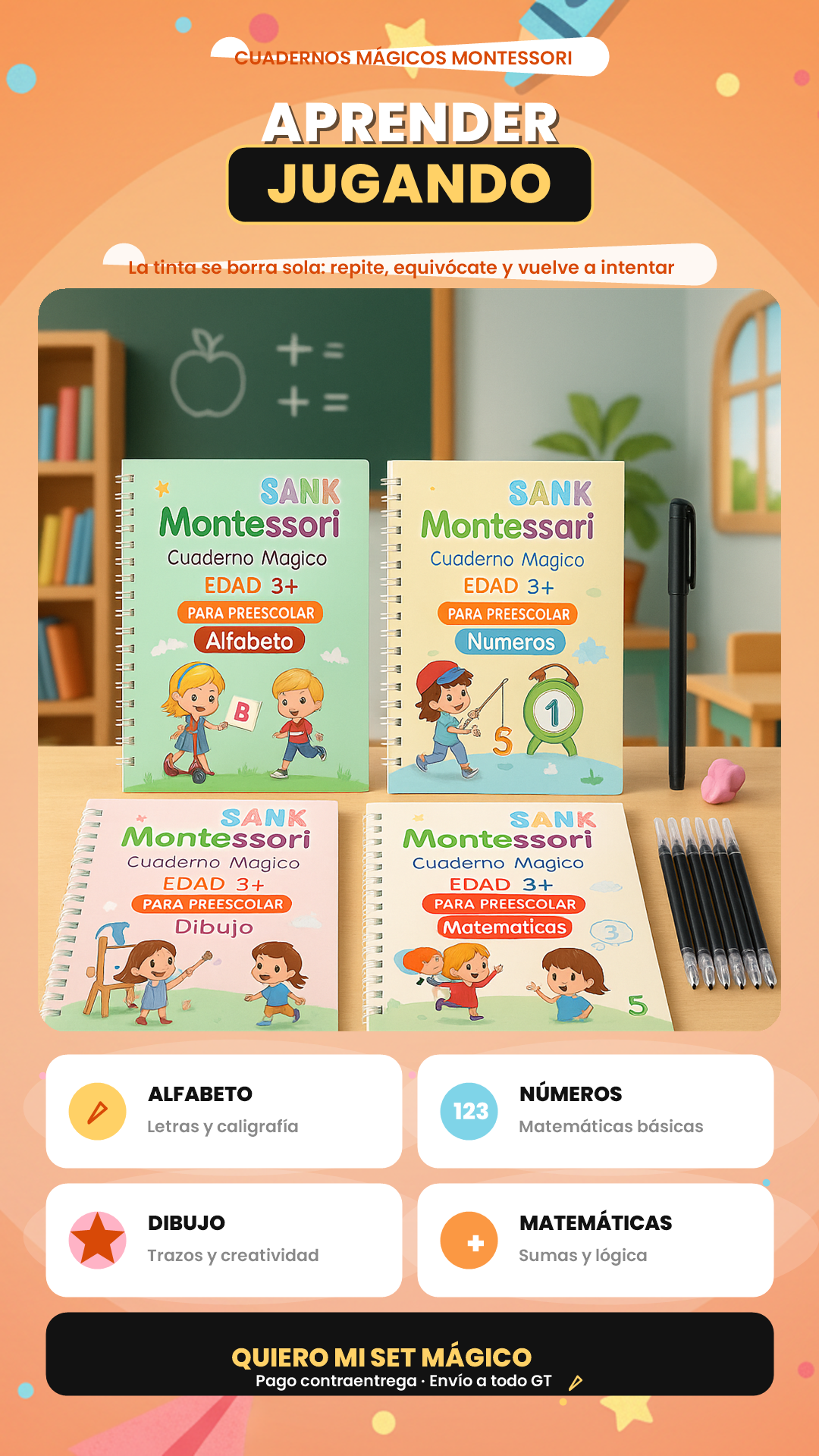 SET CUADERNOS MÁGICOS MONTESSORI — LETRAS, NÚMEROS Y DIBUJO PARA NIÑOS (2+ AÑOS)
