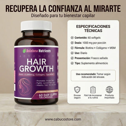 HAIR GROWTH – TRATAMIENTO VITAMÍNICO PARA EL CRECIMIENTO DEL CABELLO – BIOTINA + COLÁGENO – FÓRMULA 3 EN 1 – ENVÍO GRATIS 🇬🇹