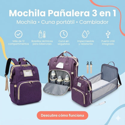 MOCHILA PAÑALERA 3 EN 1 CON CUNA PLEGABLE – MULTIFUNCIÓN, ELEGANTE Y PRÁCTICA – ENVÍO GRATIS 🇬🇹